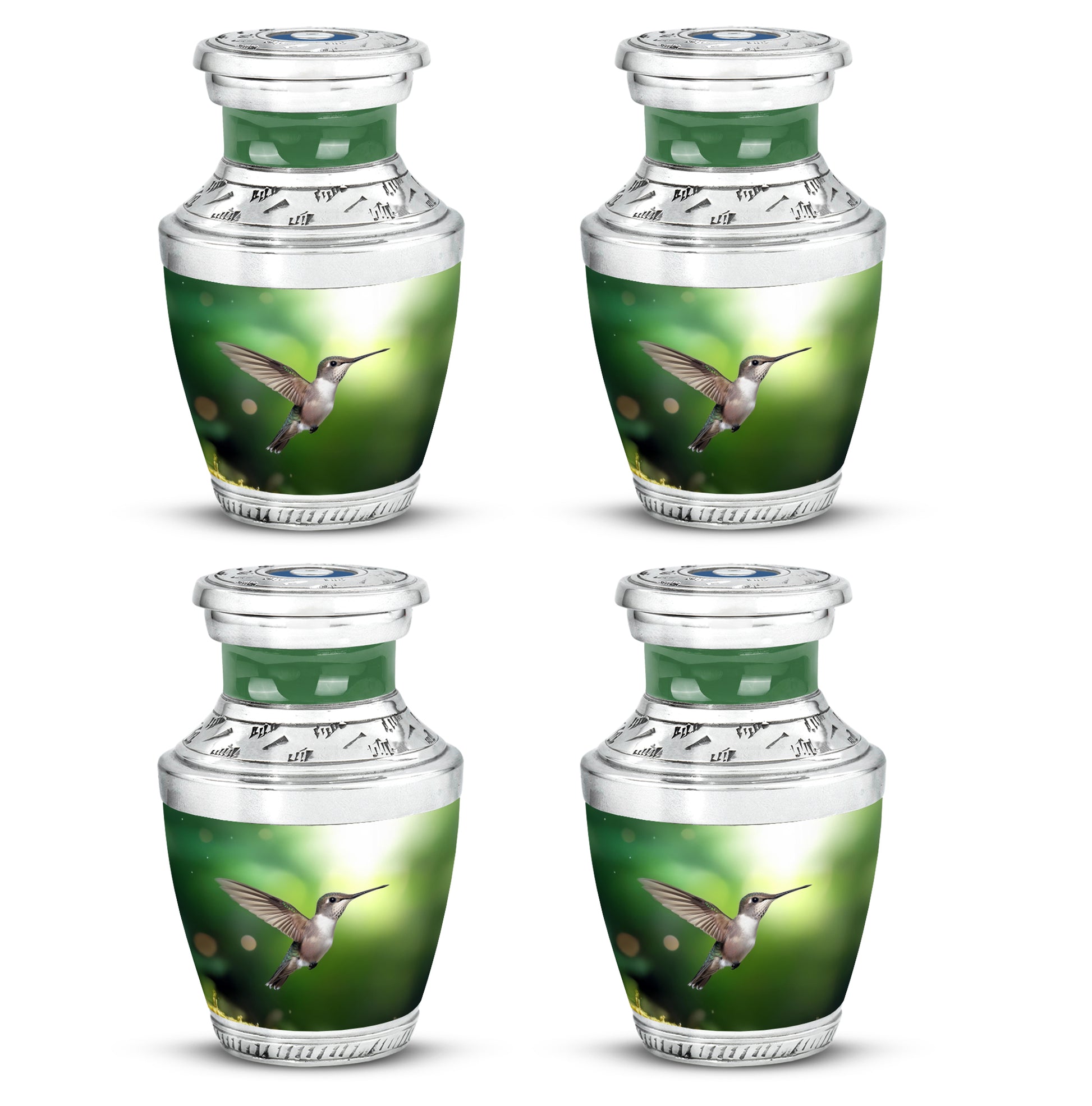 Emerald Green Hummingbird Cremation Urn back view with polished surface - contemporary hummingbird design with modern artistic flair - 10 inch aluminum urn for cremated remains