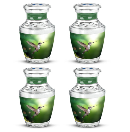 Emerald Green Hummingbird Cremation Urn back view with polished surface - contemporary hummingbird design with modern artistic flair - 10 inch aluminum urn for cremated remains