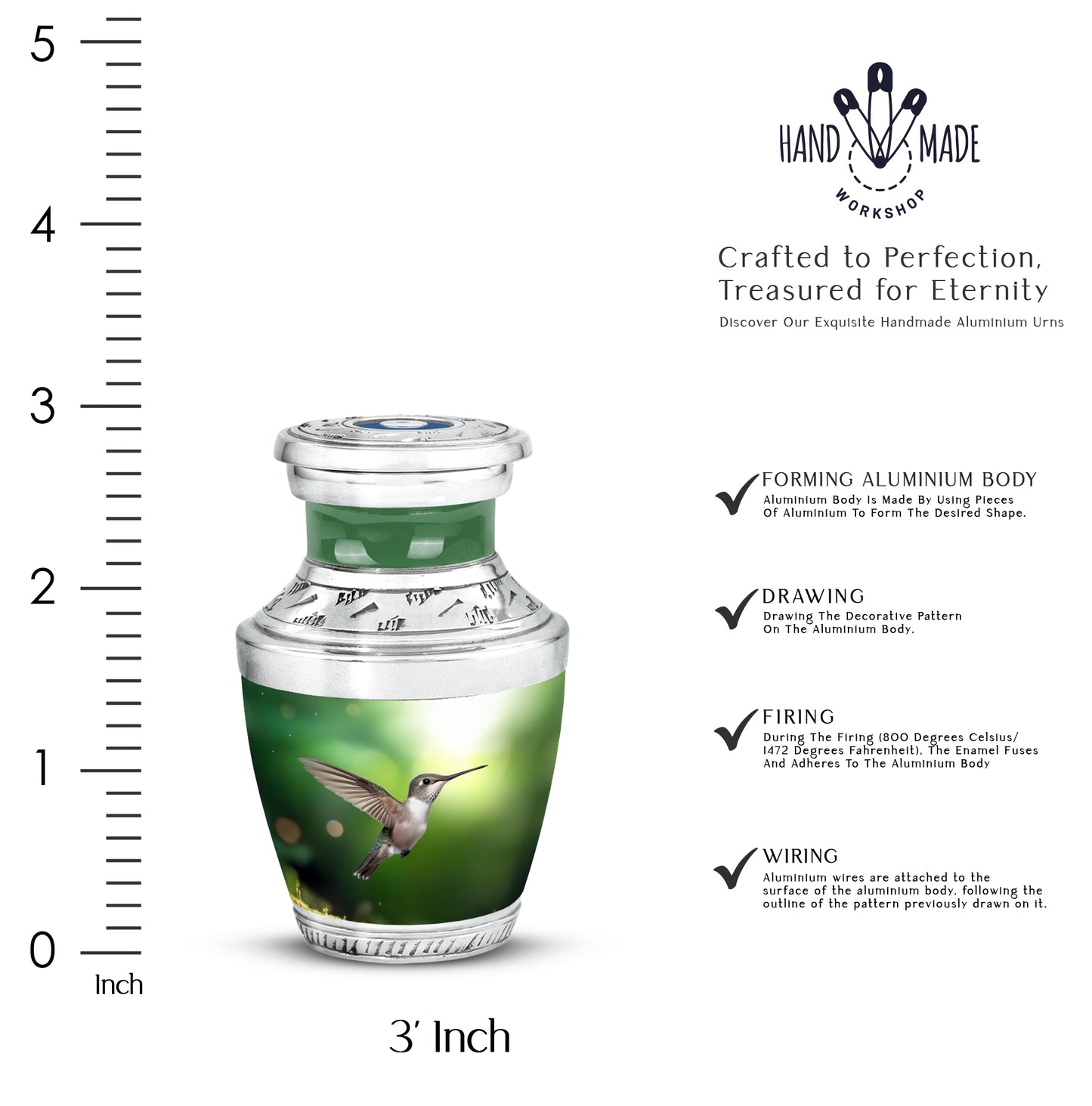 Hunter Green Hummingbird Cremation Urn top-down view of secure threaded lid - stylized abstract hummingbird pattern with bold lines - mini keepsake memorial for portion of cremation ashes