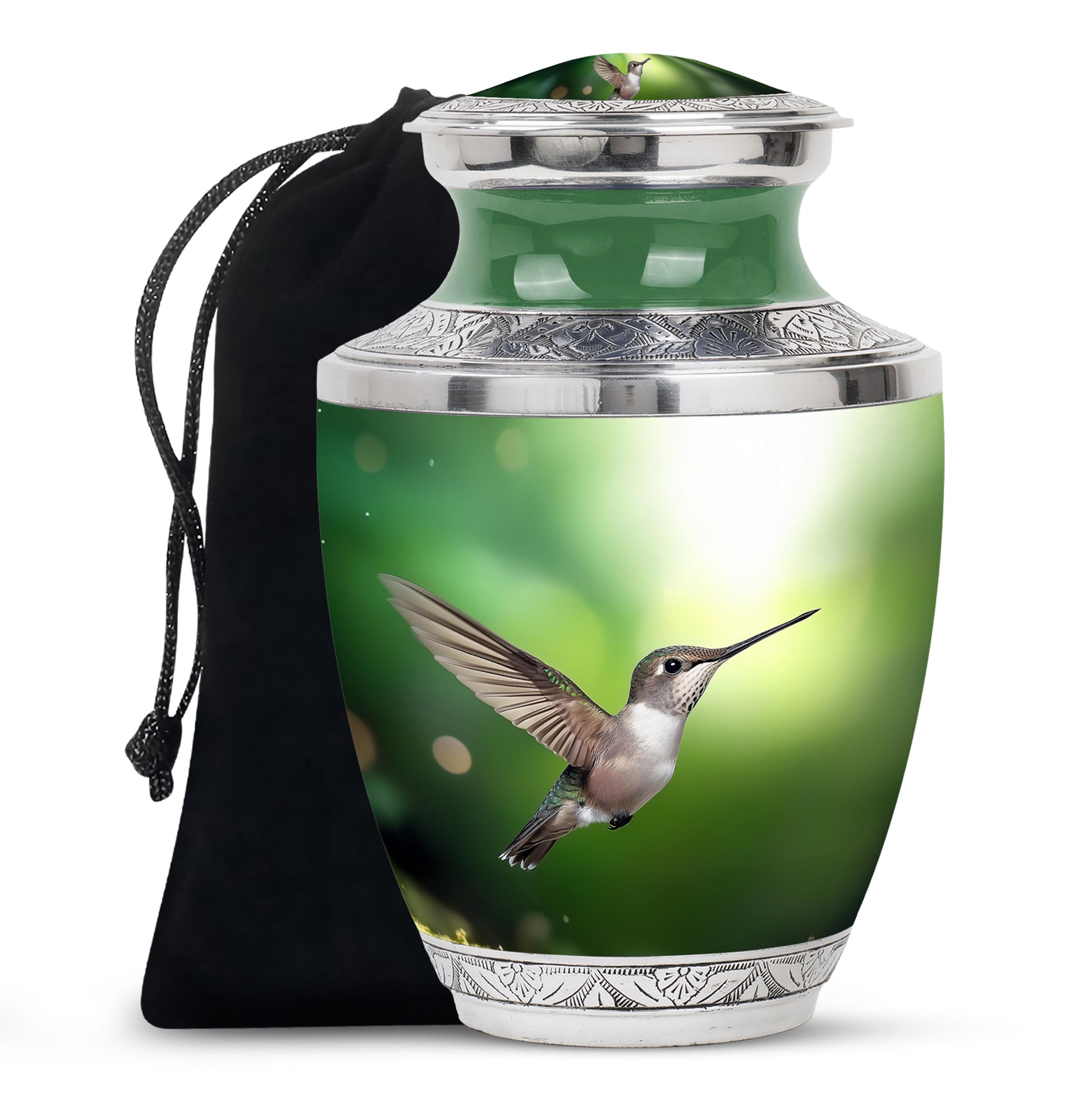 Jade Green Hummingbird Cremation Urn side profile showing urn shape - contemporary hummingbird design with modern artistic flair - full-size 10 inch 200 cubic inch adult cremation urn