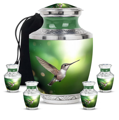 Verdant Green Hummingbird Cremation Urn lifestyle display on memorial shelf - modern art-inspired hummingbird motif on sleek aluminum - memorial set with one large and four small urns