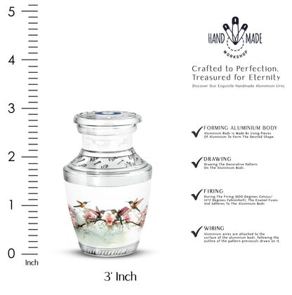 Frosted Silver Hummingbird Cremation Urn top-down view of secure threaded lid - stylized abstract hummingbird pattern with bold lines - mini keepsake memorial for portion of cremation ashes