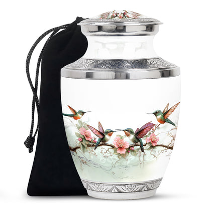 Frosted Silver Hummingbird Cremation Urn side profile showing urn shape - artistic hummingbird interpretation with creative detail - full-size 10 inch 200 cubic inch adult cremation urn