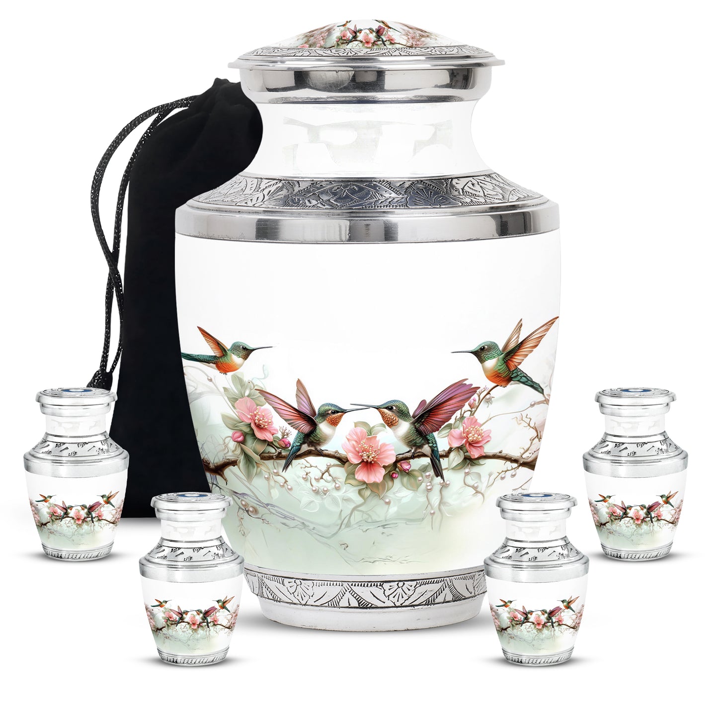 Moonlight Silver Hummingbird Cremation Urn lifestyle display on memorial shelf - artistic hummingbird interpretation with creative detail - memorial set with one large and four small urns