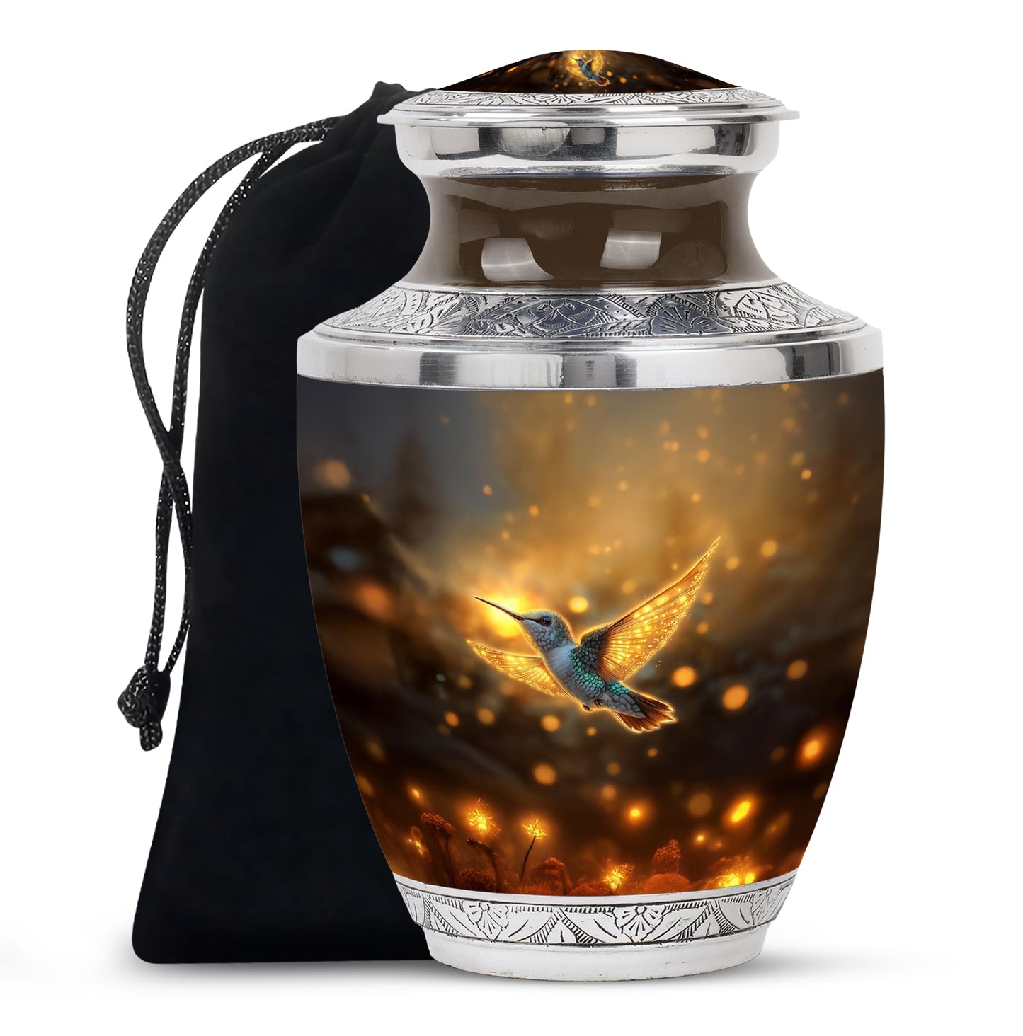 Matte Gold Hummingbird Cremation Urn side profile showing urn shape - stylized abstract hummingbird pattern with bold lines - full-size 10 inch 200 cubic inch adult cremation urn