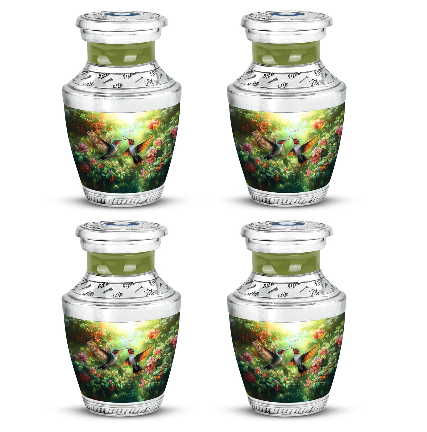 Lemon Yellow Hummingbird Cremation Urn back view with polished surface - artistic hummingbird interpretation with creative detail - 10 inch aluminum urn for cremated remains