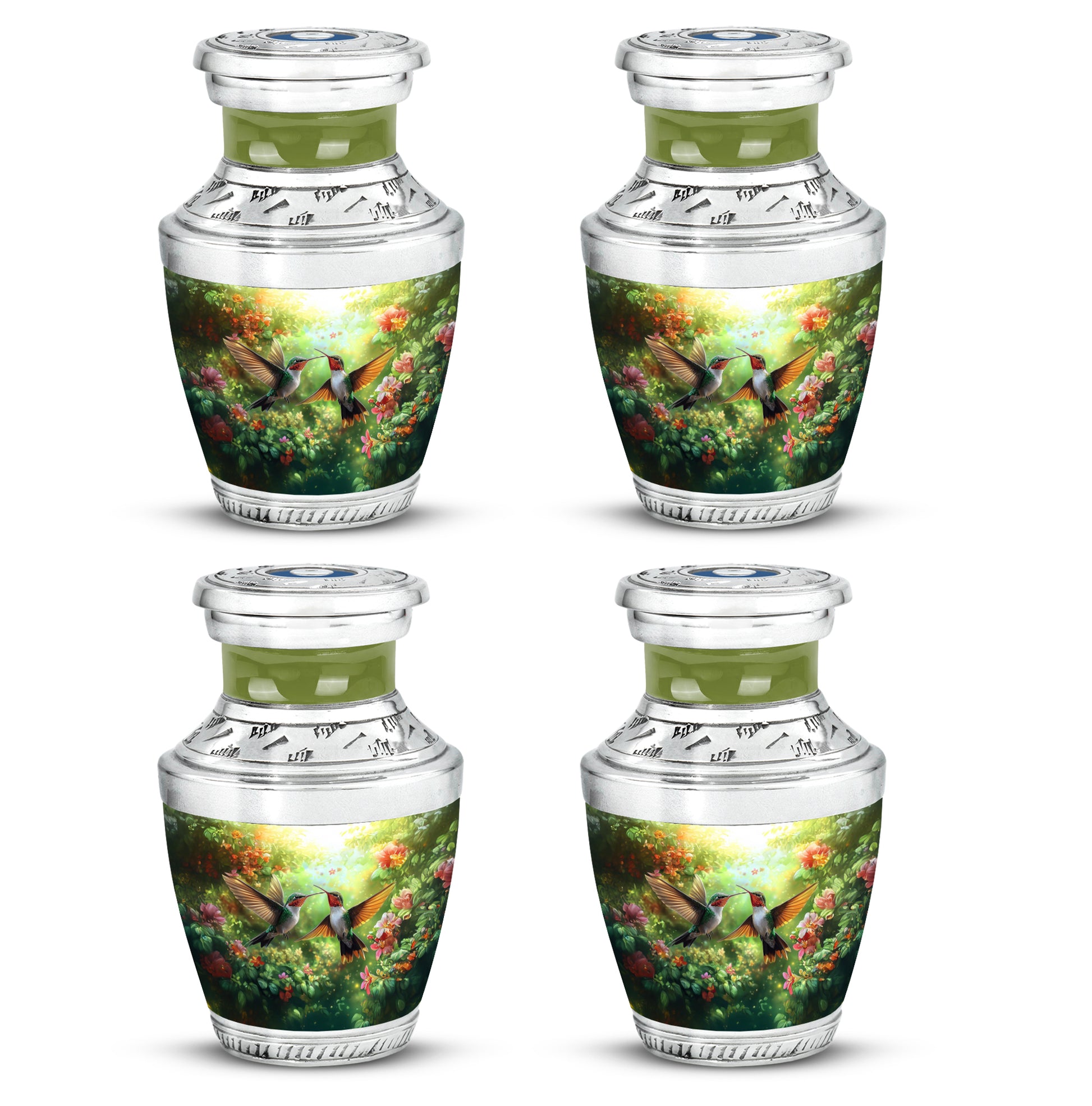 Lemon Yellow Hummingbird Cremation Urn back view with polished surface - artistic hummingbird interpretation with creative detail - 10 inch aluminum urn for cremated remains