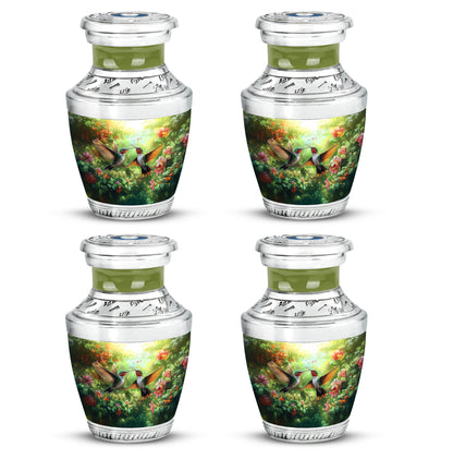 Lemon Yellow Hummingbird Cremation Urn back view with polished surface - artistic hummingbird interpretation with creative detail - 10 inch aluminum urn for cremated remains