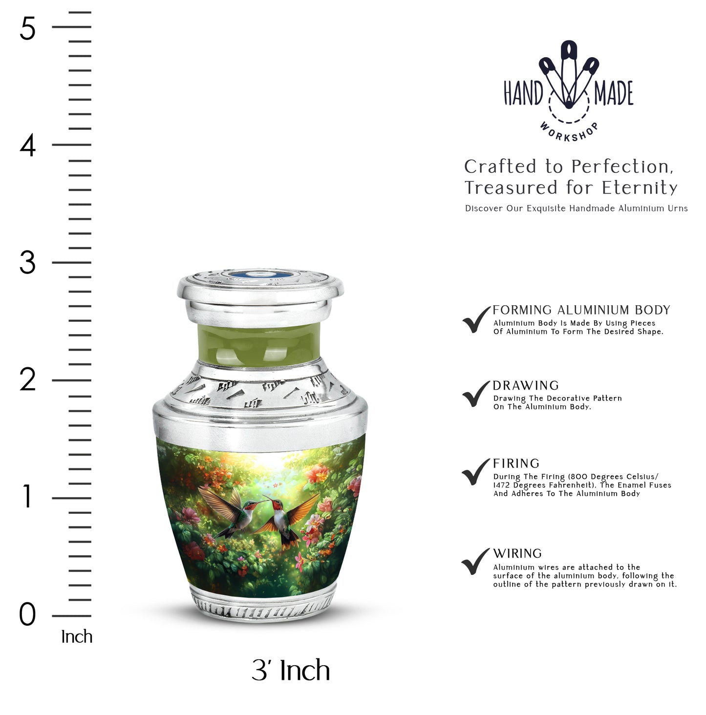 Marigold Yellow Hummingbird Cremation Urn top-down view of secure threaded lid - stylized abstract hummingbird pattern with bold lines - mini keepsake memorial for portion of cremation ashes