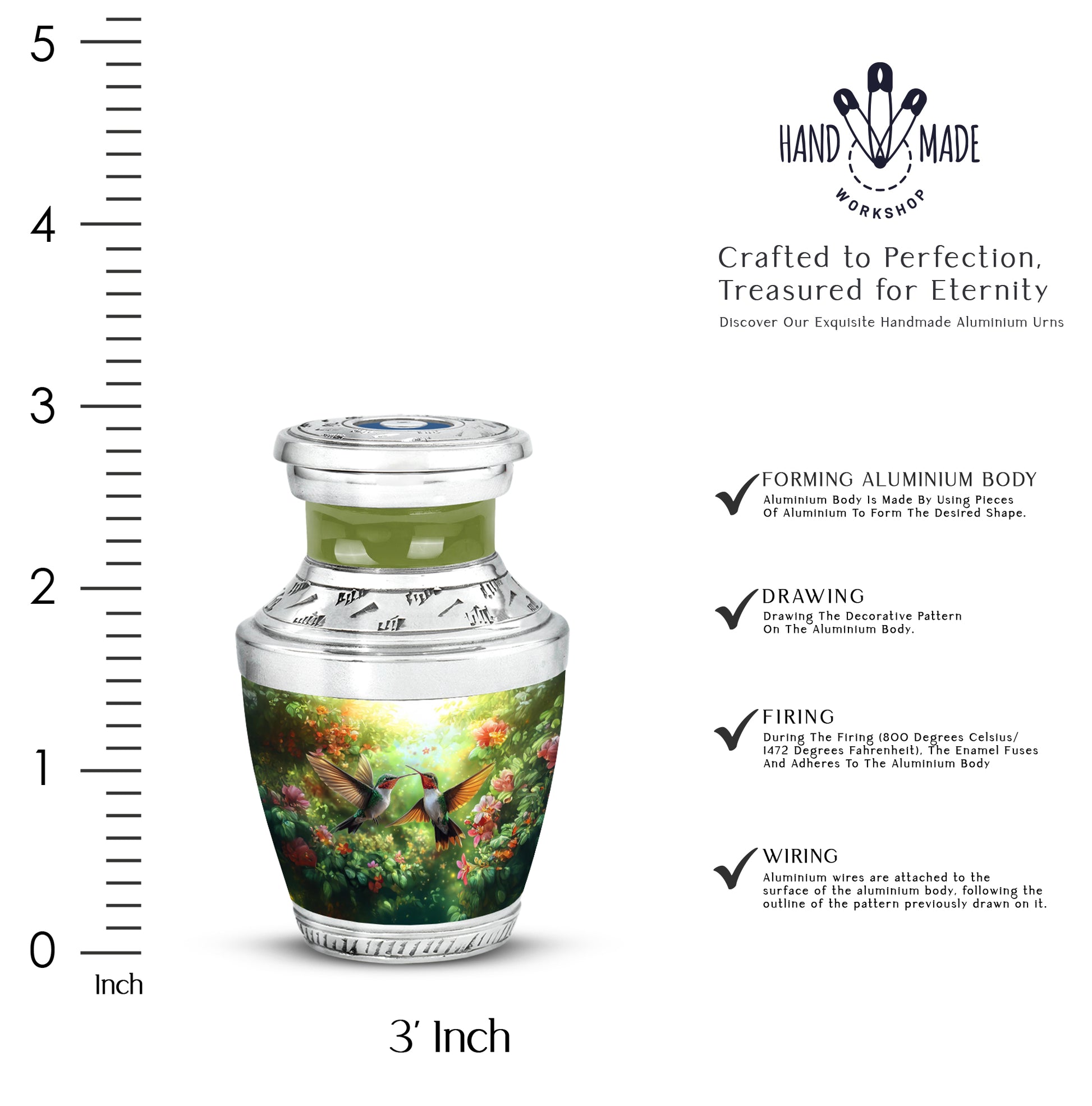 Marigold Yellow Hummingbird Cremation Urn top-down view of secure threaded lid - stylized abstract hummingbird pattern with bold lines - mini keepsake memorial for portion of cremation ashes