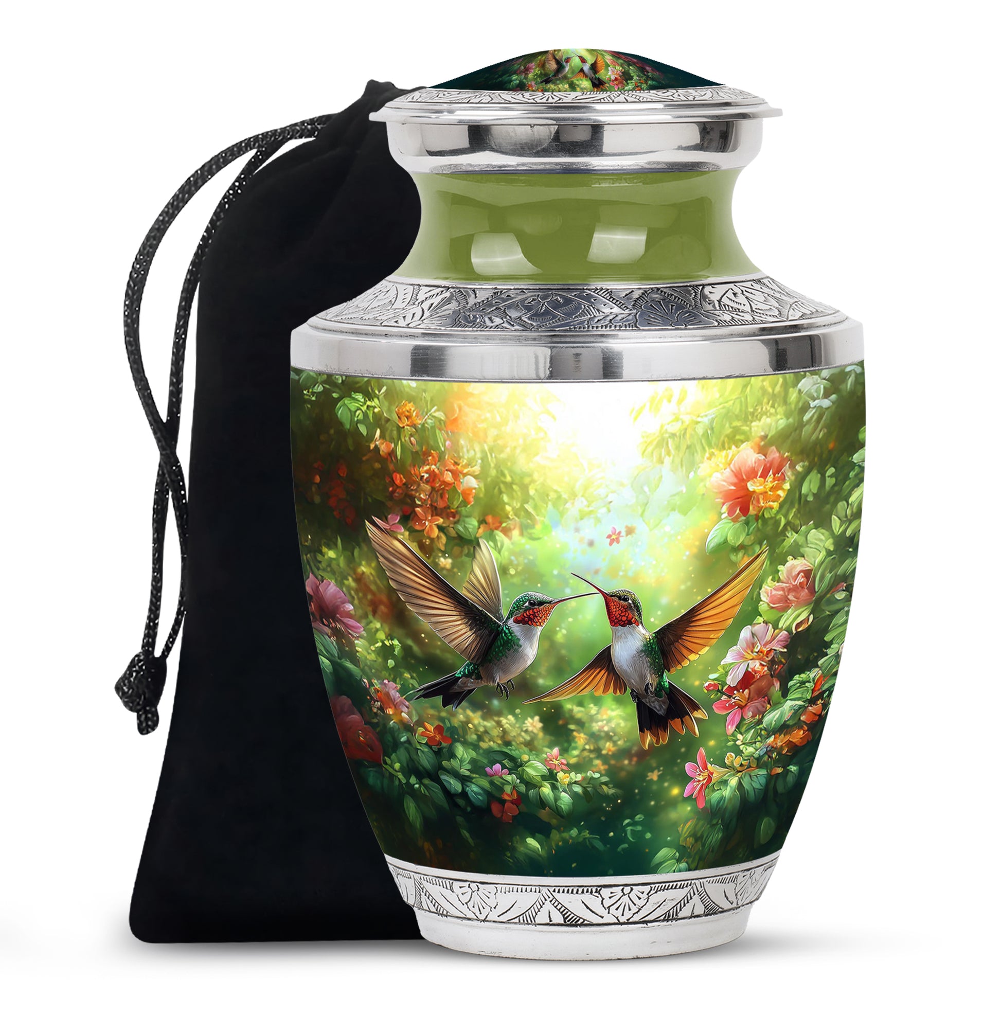 Soft Yellow Hummingbird Cremation Urn side profile showing urn shape - stylized abstract hummingbird pattern with bold lines - full-size 10 inch 200 cubic inch adult cremation urn