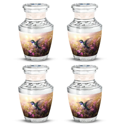 Royal Gold Hummingbird Cremation Urn back view with polished surface - artistic hummingbird interpretation with creative detail - 10 inch aluminum urn for cremated remains