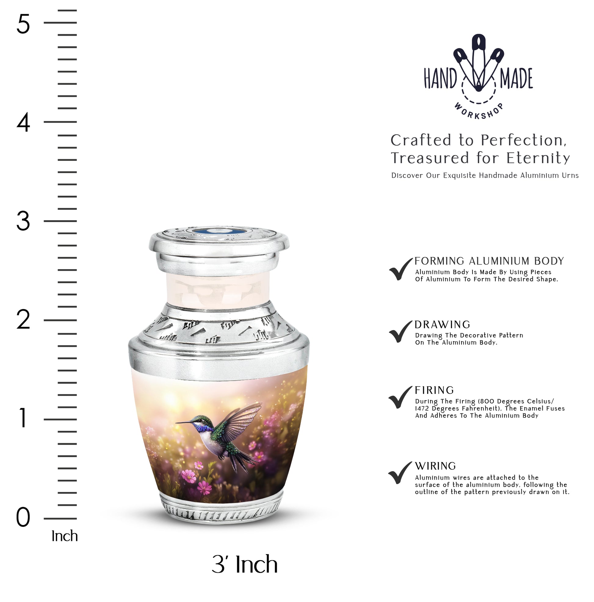 Harvest Gold Hummingbird Cremation Urn top-down view of secure threaded lid - stylized abstract hummingbird pattern with bold lines - mini keepsake memorial for portion of cremation ashes