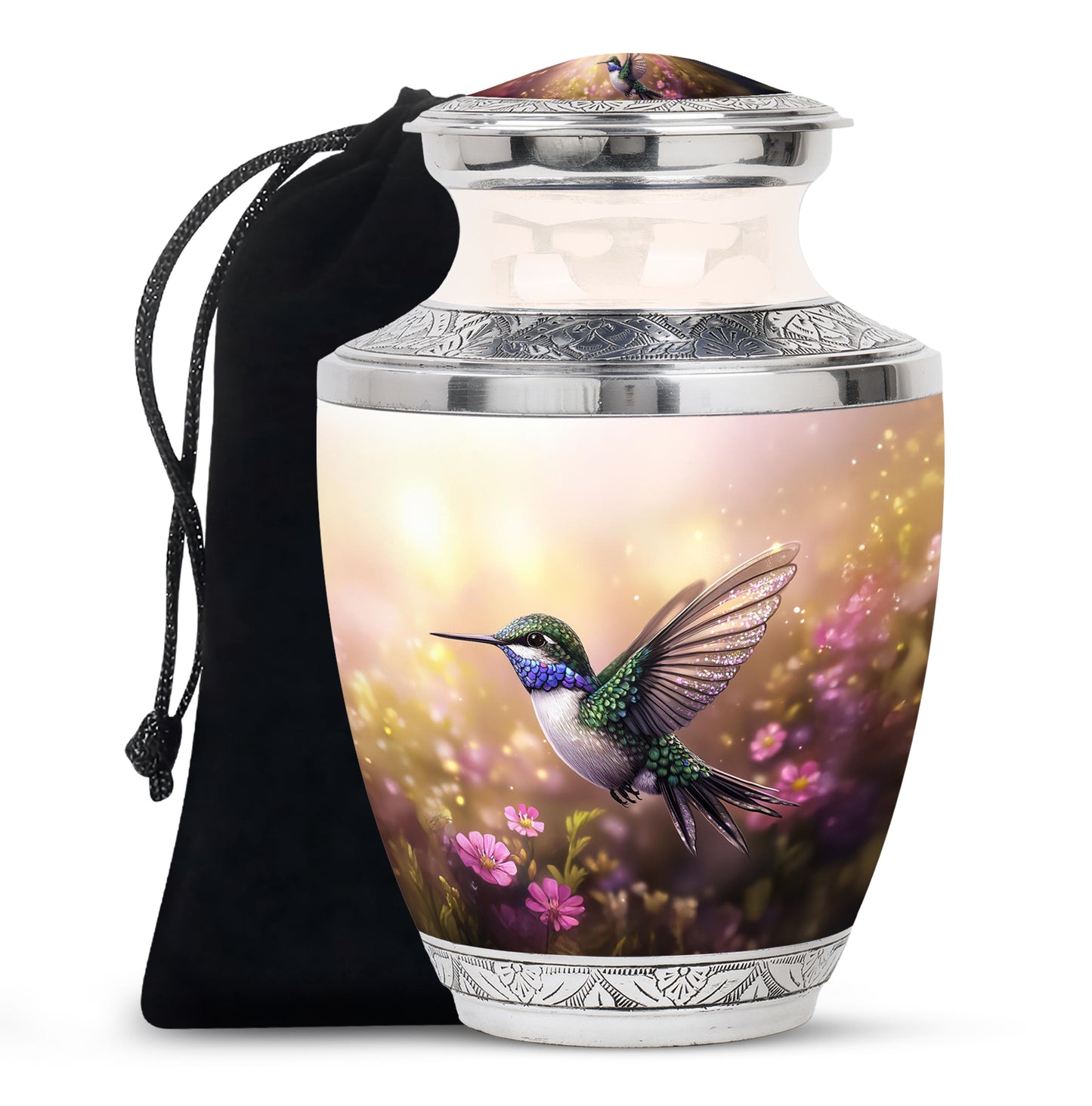 Royal Gold Hummingbird Cremation Urn side profile showing urn shape - stylized abstract hummingbird pattern with bold lines - full-size 10 inch 200 cubic inch adult cremation urn