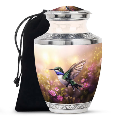Royal Gold Hummingbird Cremation Urn side profile showing urn shape - stylized abstract hummingbird pattern with bold lines - full-size 10 inch 200 cubic inch adult cremation urn