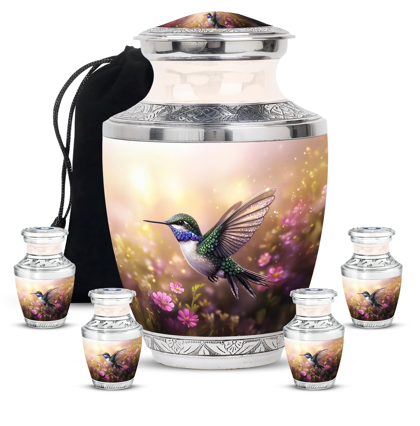 Champagne Gold Hummingbird Cremation Urn lifestyle display on memorial shelf - modern art-inspired hummingbird motif on sleek aluminum - memorial set with one large and four small urns