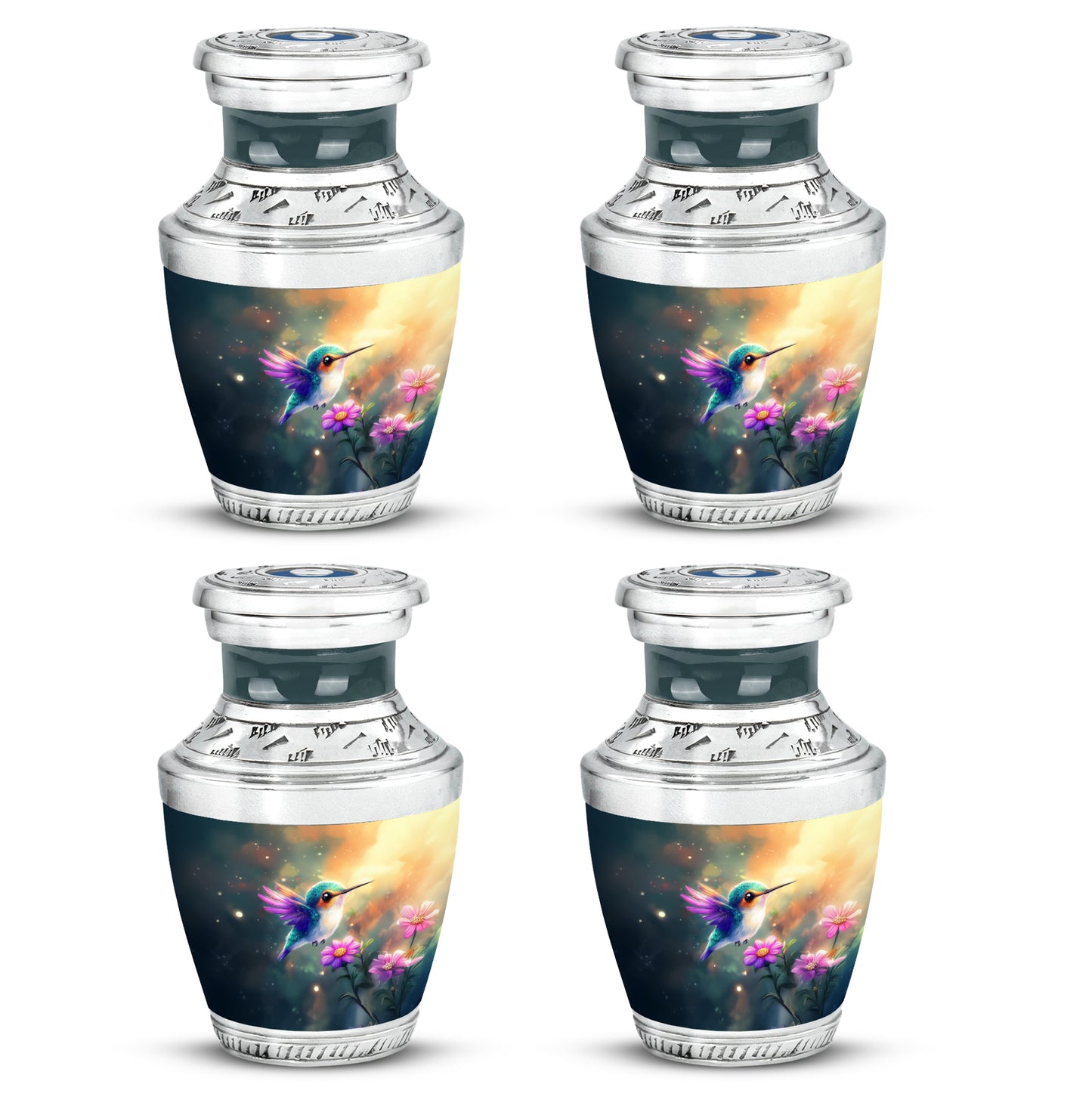 Vivid Teal Hummingbird Cremation Urn back view with polished surface - stylized abstract hummingbird pattern with bold lines - 10 inch aluminum urn for cremated remains