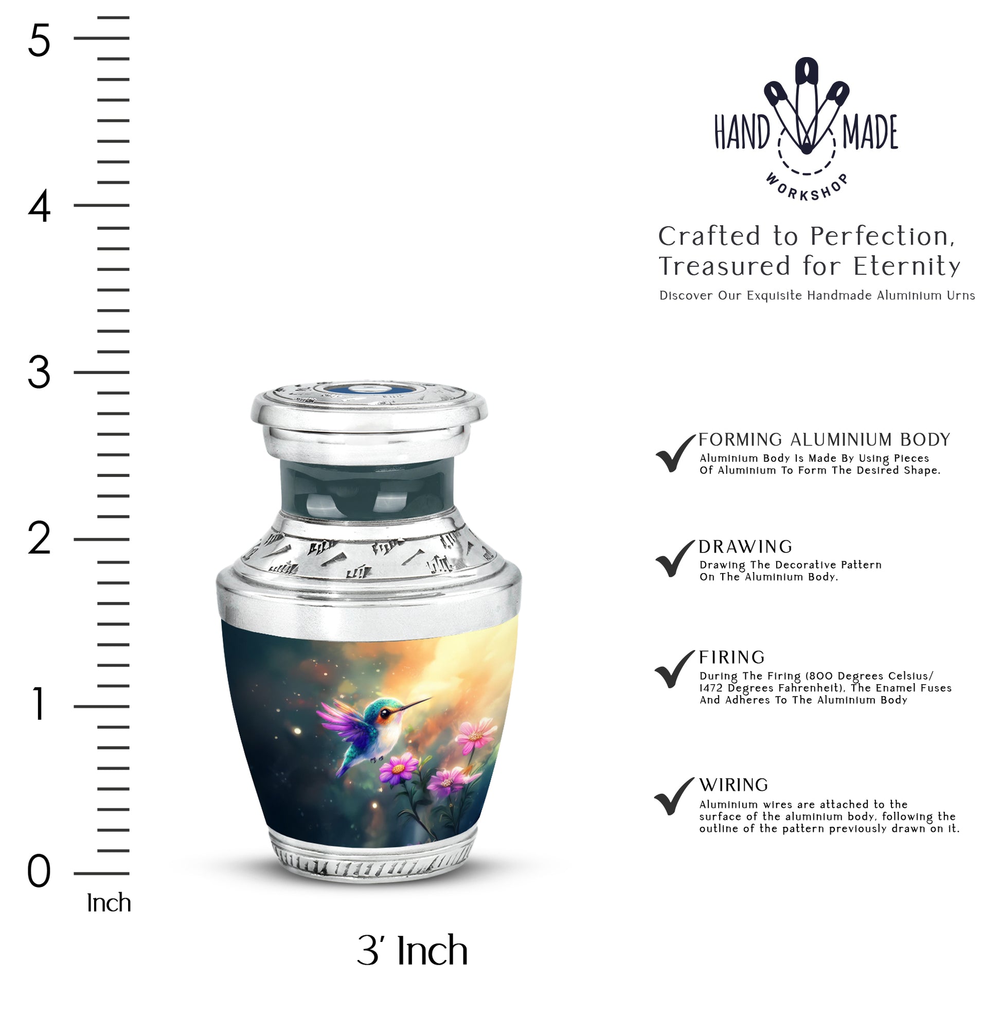 Ocean Teal Hummingbird Cremation Urn top-down view of secure threaded lid - contemporary hummingbird design with modern artistic flair - mini keepsake memorial for portion of cremation ashes