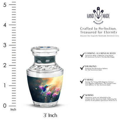 Ocean Teal Hummingbird Cremation Urn top-down view of secure threaded lid - contemporary hummingbird design with modern artistic flair - mini keepsake memorial for portion of cremation ashes