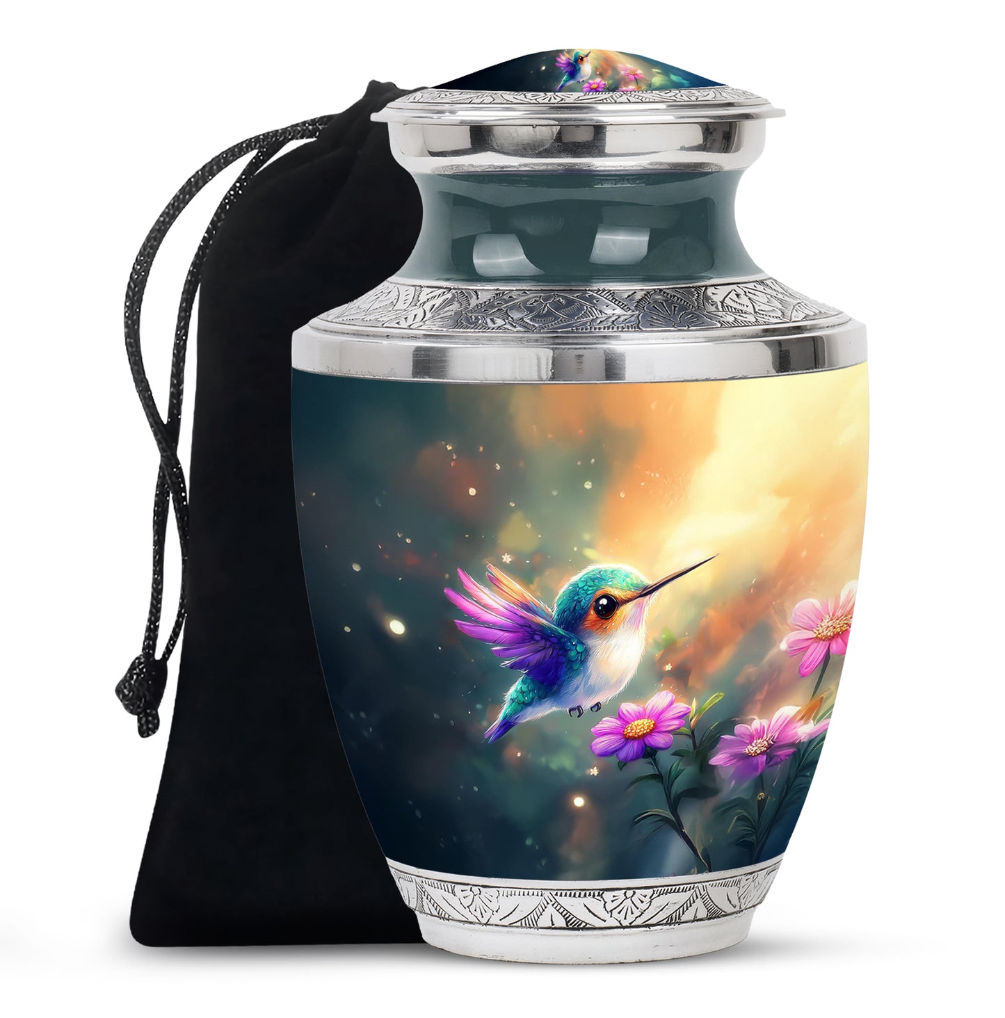 Sea Green Teal Hummingbird Cremation Urn side profile showing urn shape - contemporary hummingbird design with modern artistic flair - full-size 10 inch 200 cubic inch adult cremation urn