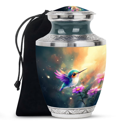 Sea Green Teal Hummingbird Cremation Urn side profile showing urn shape - contemporary hummingbird design with modern artistic flair - full-size 10 inch 200 cubic inch adult cremation urn