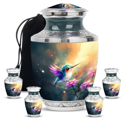 Deep Teal Hummingbird Cremation Urn lifestyle display on memorial shelf - artistic hummingbird interpretation with creative detail - memorial set with one large and four small urns