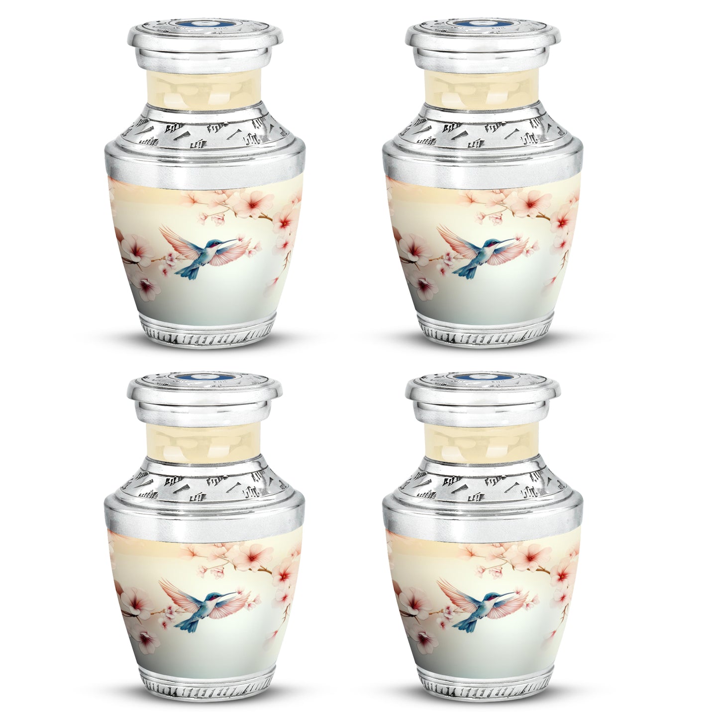 Snow White Hummingbird Cremation Urn back view with polished surface - contemporary hummingbird design with modern artistic flair - 10 inch aluminum urn for cremated remains