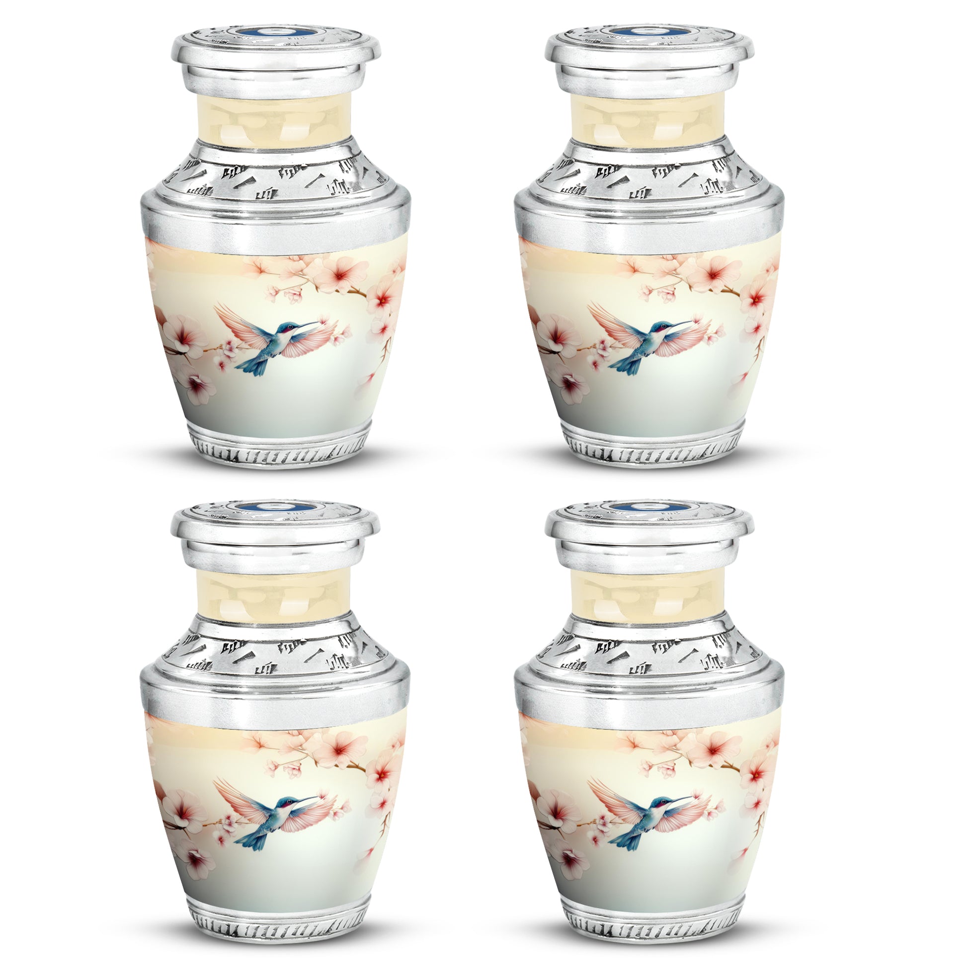 Snow White Hummingbird Cremation Urn back view with polished surface - contemporary hummingbird design with modern artistic flair - 10 inch aluminum urn for cremated remains