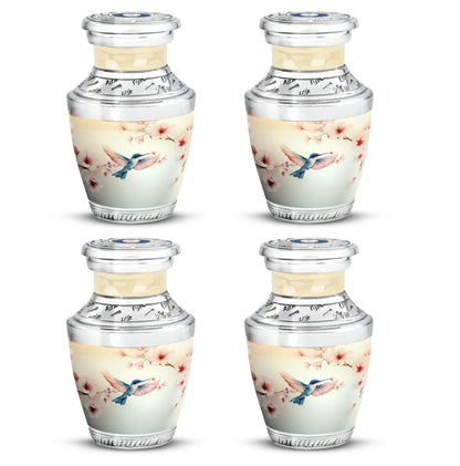 Snow White Hummingbird Cremation Urn back view with polished surface - contemporary hummingbird design with modern artistic flair - 10 inch aluminum urn for cremated remains