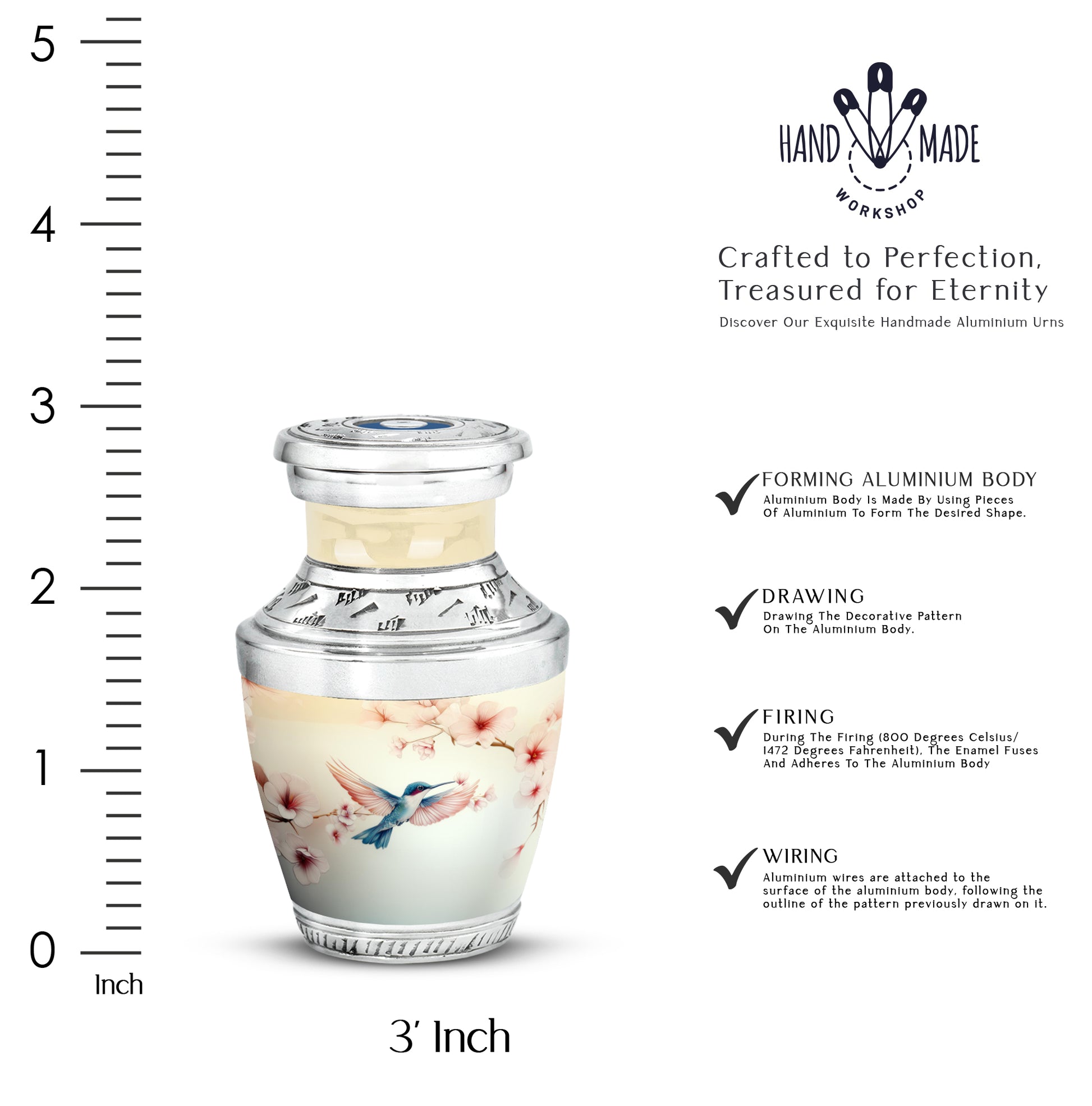 Alabaster White Hummingbird Cremation Urn top-down view of secure threaded lid - contemporary hummingbird design with modern artistic flair - mini keepsake memorial for portion of cremation ashes