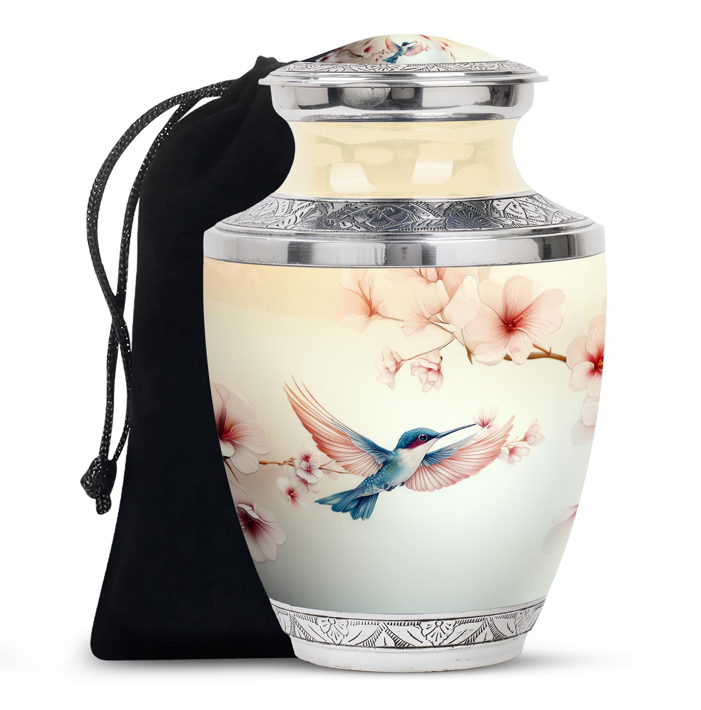 Snow White Hummingbird Cremation Urn side profile showing urn shape - modern art-inspired hummingbird motif on sleek aluminum - full-size 10 inch 200 cubic inch adult cremation urn