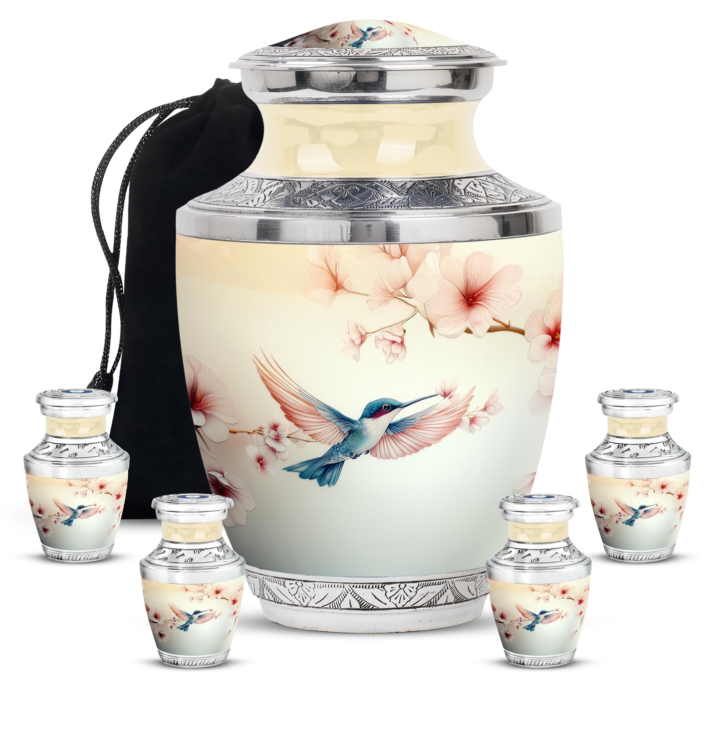 Ivory White Hummingbird Cremation Urn lifestyle display on memorial shelf - contemporary hummingbird design with modern artistic flair - memorial set with one large and four small urns