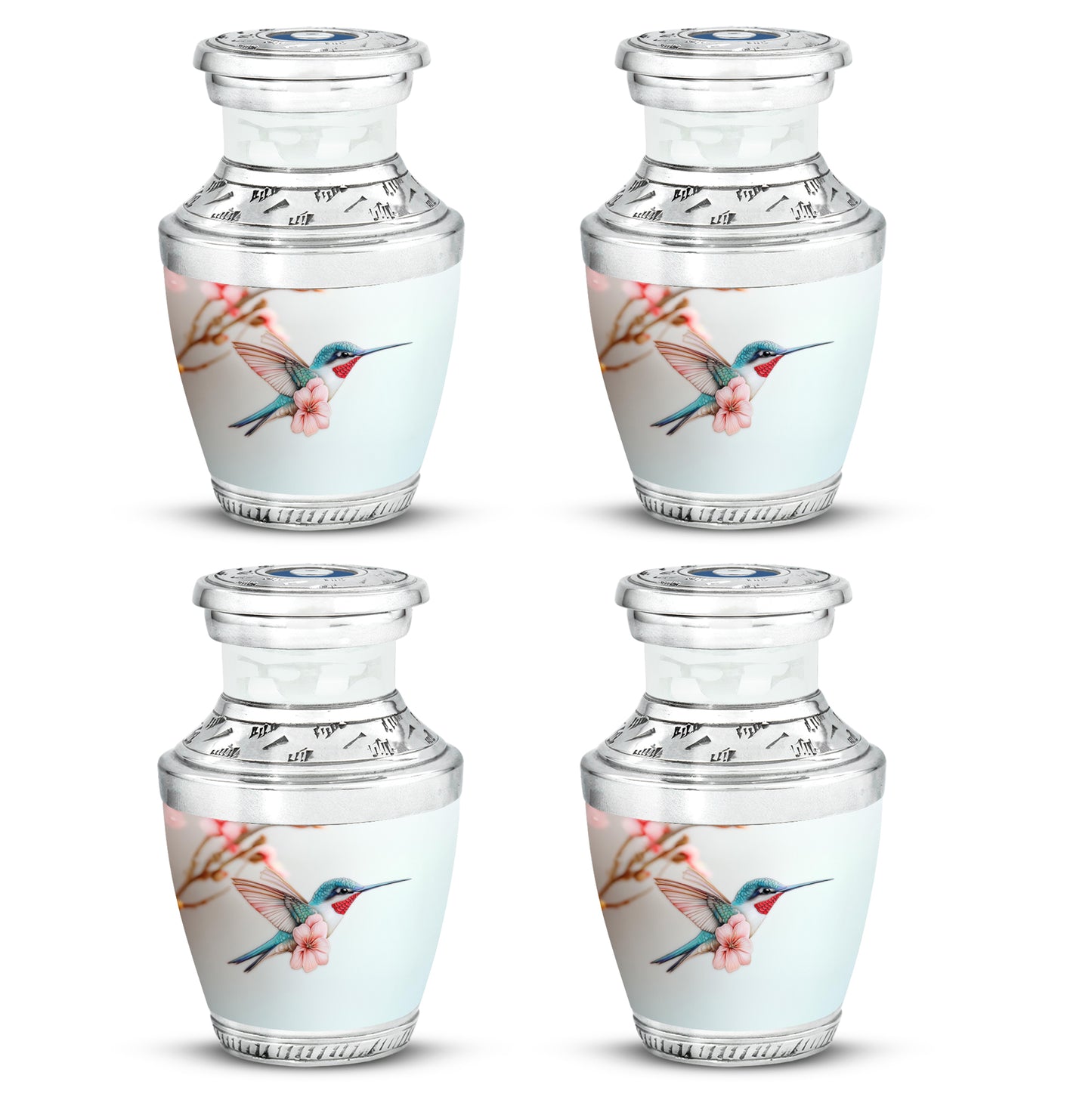 Polished Silver Hummingbird Cremation Urn back view with polished surface - stylized abstract hummingbird pattern with bold lines - 10 inch aluminum urn for cremated remains