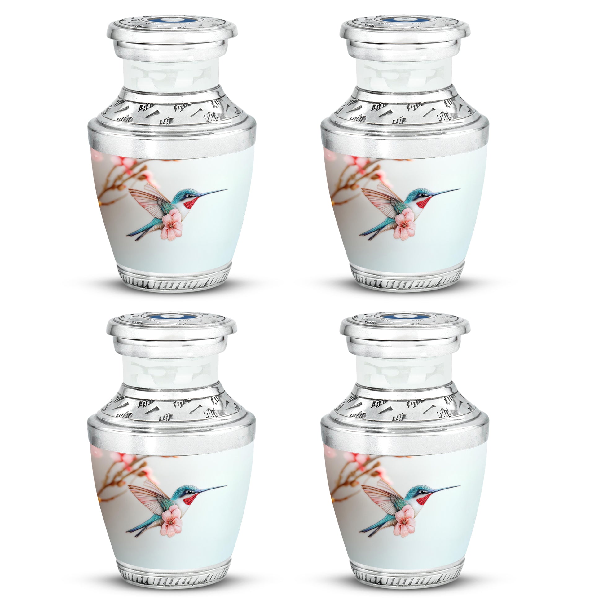 Polished Silver Hummingbird Cremation Urn back view with polished surface - stylized abstract hummingbird pattern with bold lines - 10 inch aluminum urn for cremated remains