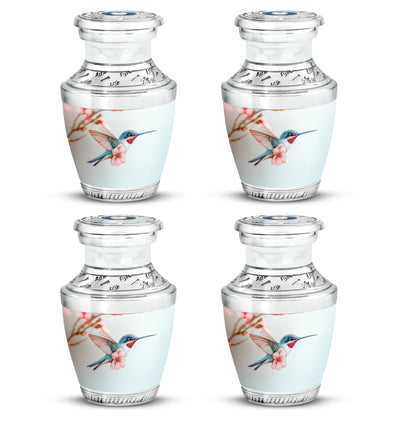 Polished Silver Hummingbird Cremation Urn back view with polished surface - stylized abstract hummingbird pattern with bold lines - 10 inch aluminum urn for cremated remains
