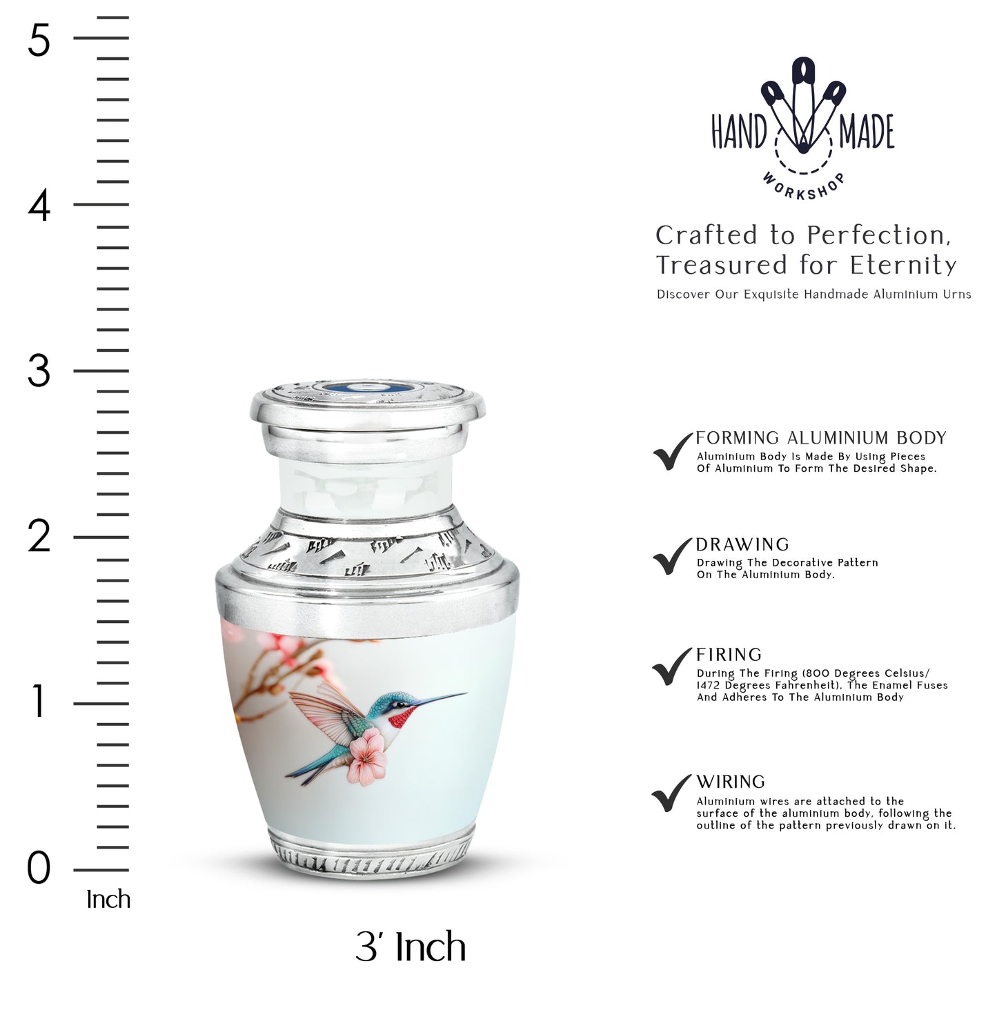 Gleaming Silver Hummingbird Cremation Urn top-down view of secure threaded lid - modern art-inspired hummingbird motif on sleek aluminum - mini keepsake memorial for portion of cremation ashes