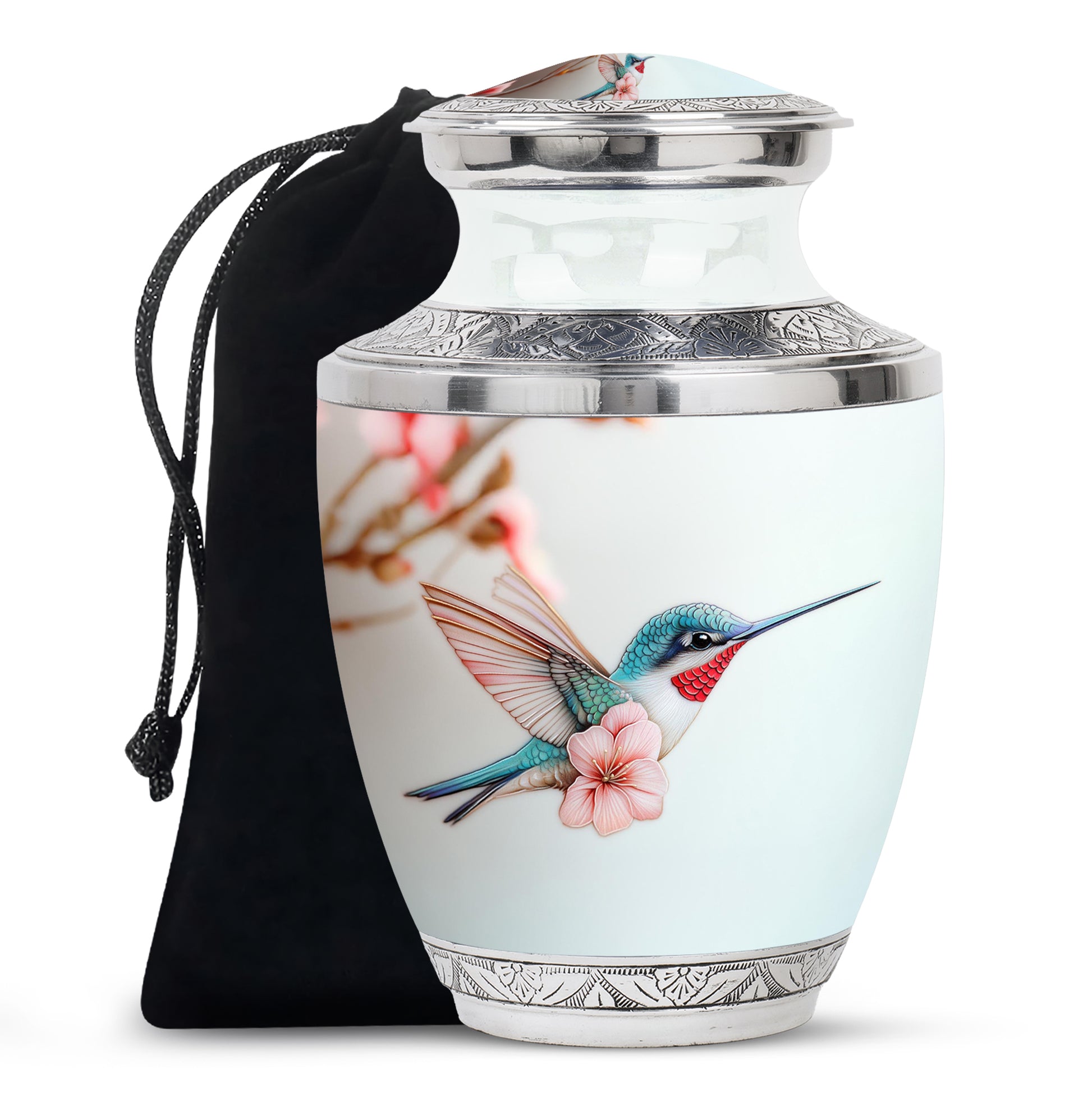Platinum Silver Hummingbird Cremation Urn side profile showing urn shape - contemporary hummingbird design with modern artistic flair - full-size 10 inch 200 cubic inch adult cremation urn