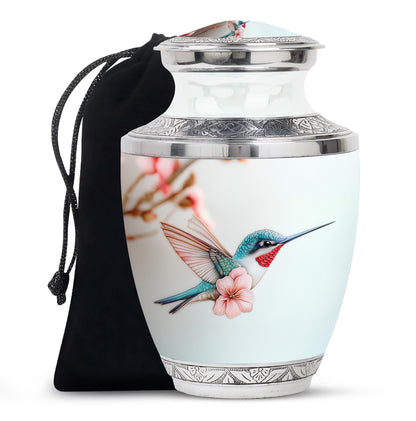 Platinum Silver Hummingbird Cremation Urn side profile showing urn shape - contemporary hummingbird design with modern artistic flair - full-size 10 inch 200 cubic inch adult cremation urn