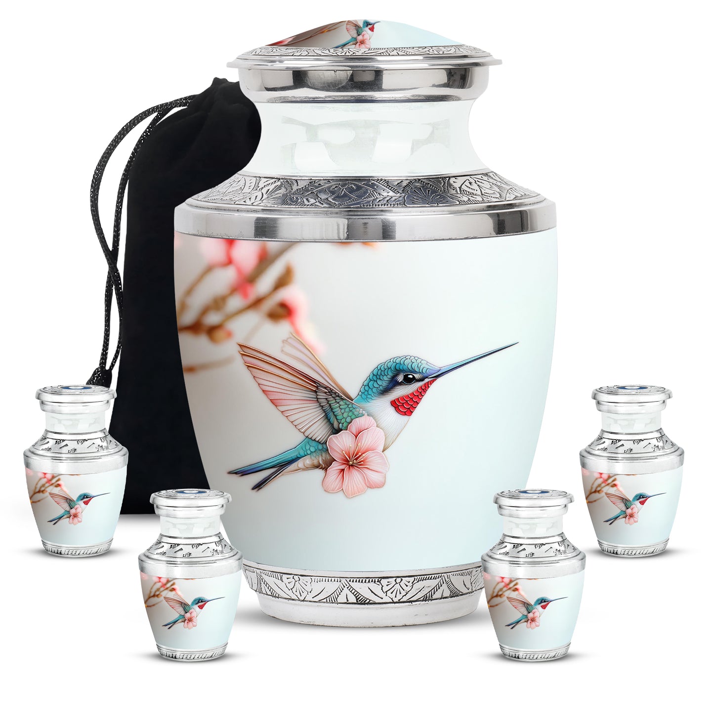 Platinum Silver Hummingbird Cremation Urn lifestyle display on memorial shelf - contemporary hummingbird design with modern artistic flair - memorial set with one large and four small urns