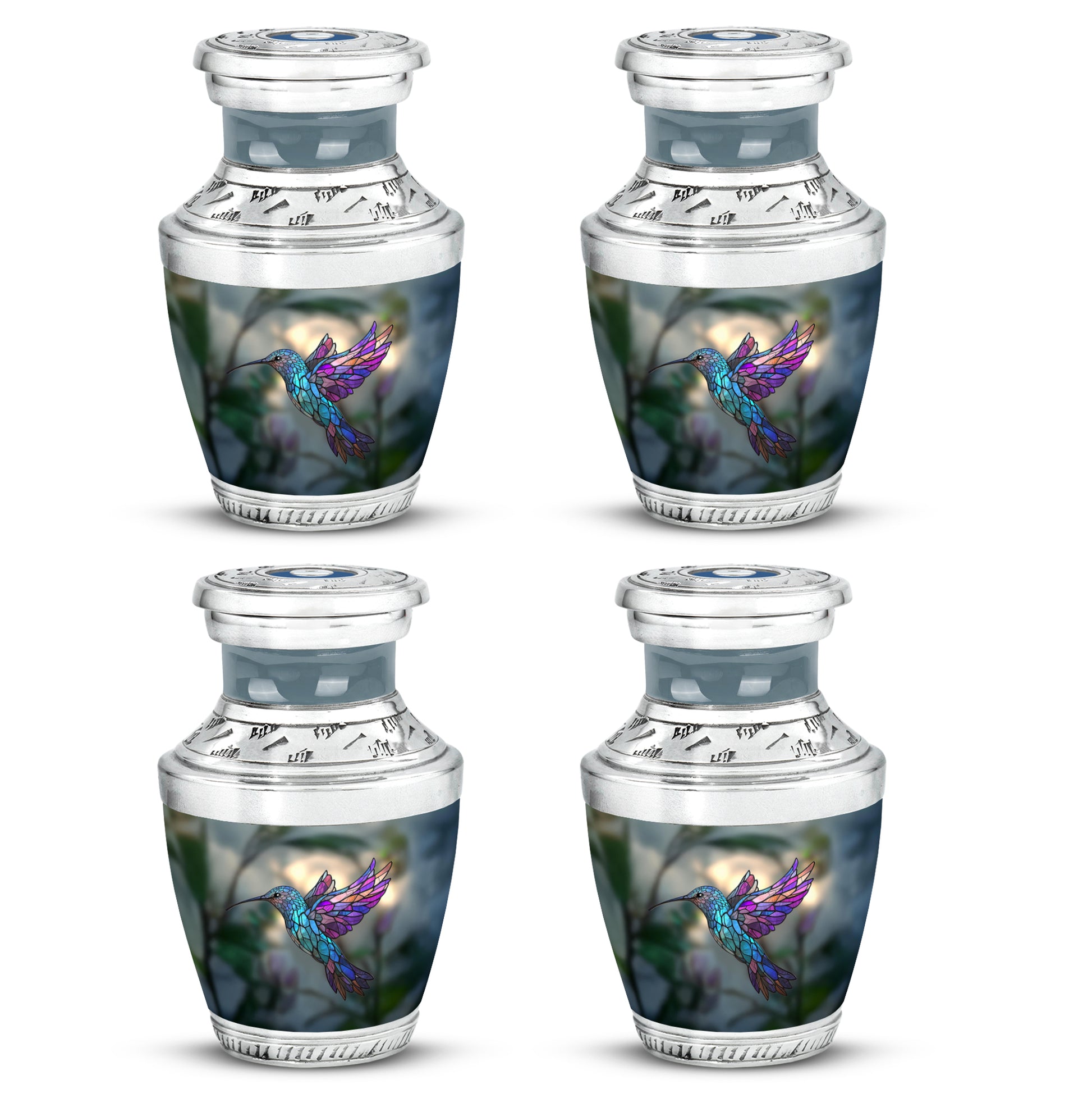 Mint Green Hummingbird Cremation Urn back view with polished surface - stylized abstract hummingbird pattern with bold lines - 10 inch aluminum urn for cremated remains