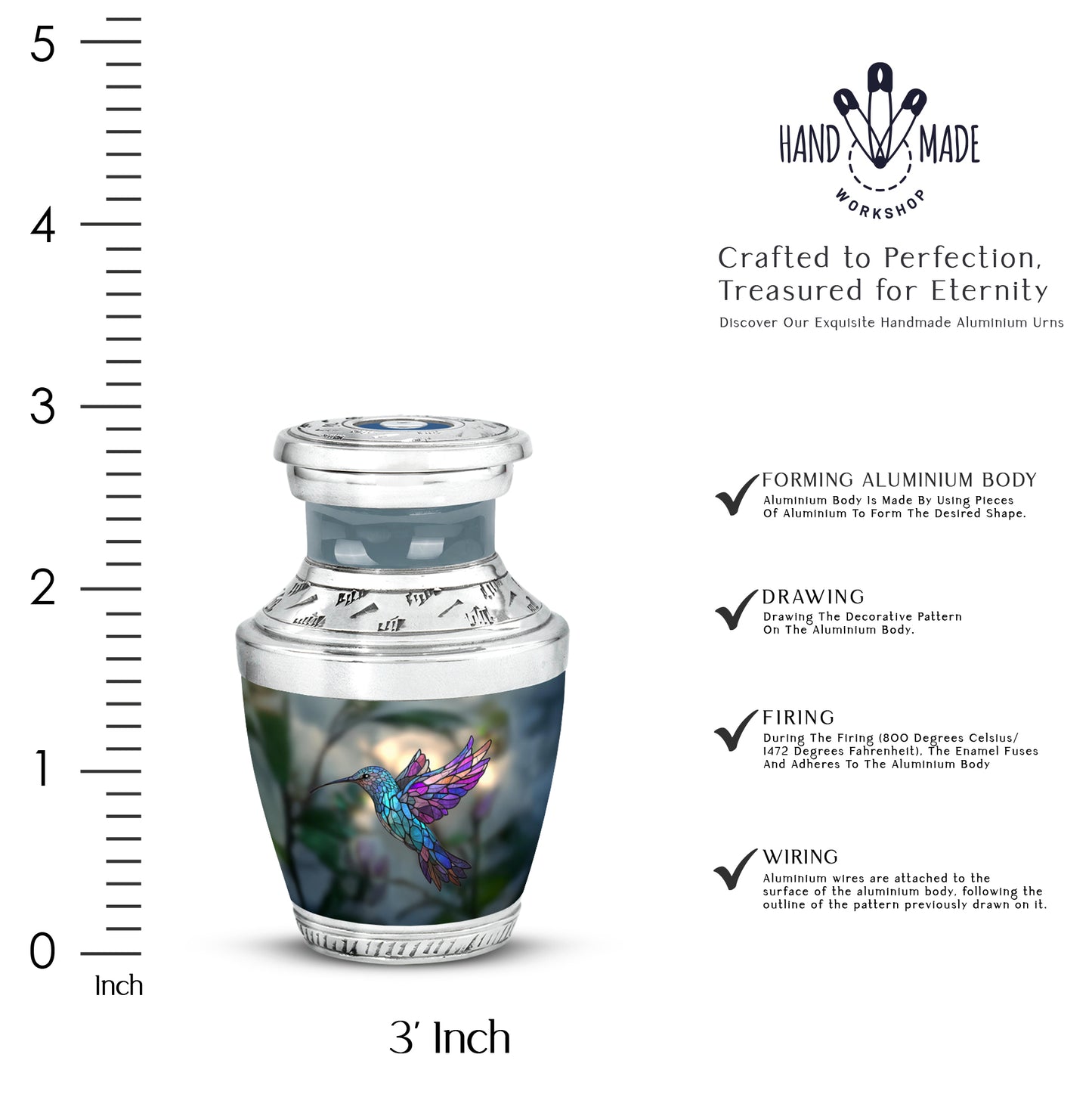Hunter Green Hummingbird Cremation Urn top-down view of secure threaded lid - artistic hummingbird interpretation with creative detail - mini keepsake memorial for portion of cremation ashes