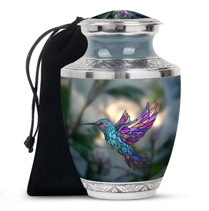 Emerald Green Hummingbird Cremation Urn side profile showing urn shape - contemporary hummingbird design with modern artistic flair - full-size 10 inch 200 cubic inch adult cremation urn
