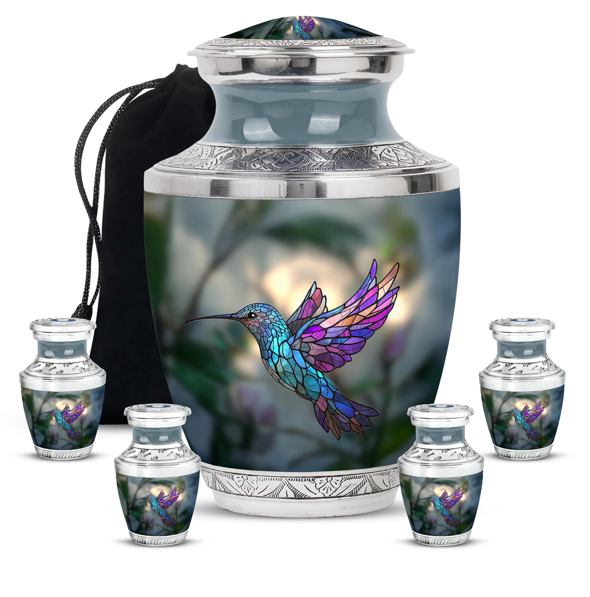 Emerald Green Hummingbird Cremation Urn lifestyle display on memorial shelf - contemporary hummingbird design with modern artistic flair - memorial set with one large and four small urns