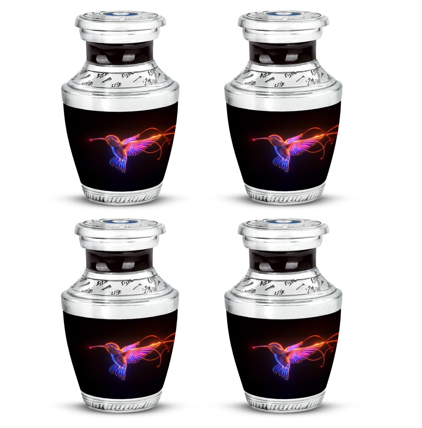 Charcoal Black Hummingbird Cremation Urn back view with polished surface - stylized abstract hummingbird pattern with bold lines - 10 inch aluminum urn for cremated remains