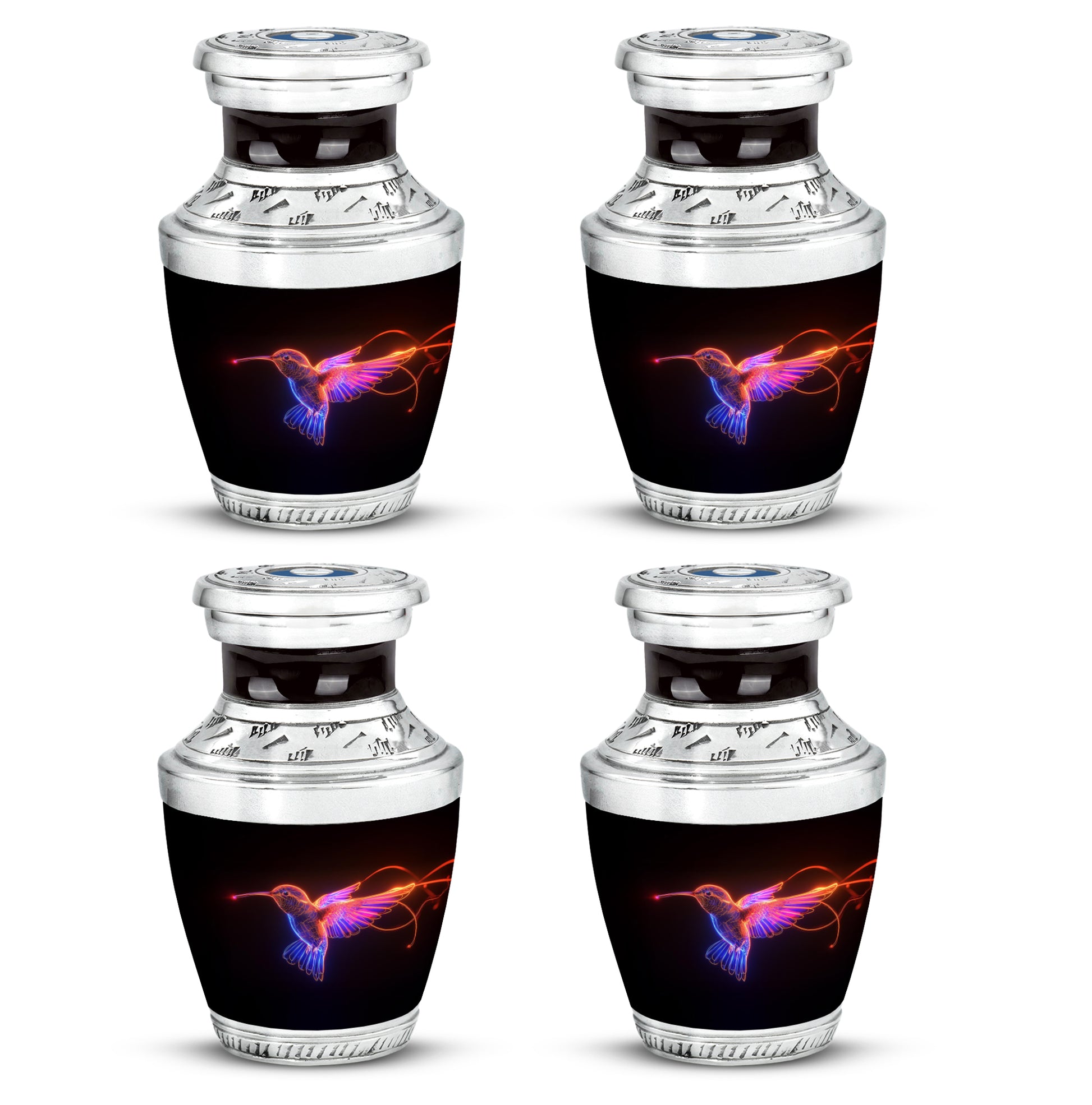 Charcoal Black Hummingbird Cremation Urn back view with polished surface - stylized abstract hummingbird pattern with bold lines - 10 inch aluminum urn for cremated remains