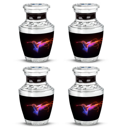 Charcoal Black Hummingbird Cremation Urn back view with polished surface - stylized abstract hummingbird pattern with bold lines - 10 inch aluminum urn for cremated remains