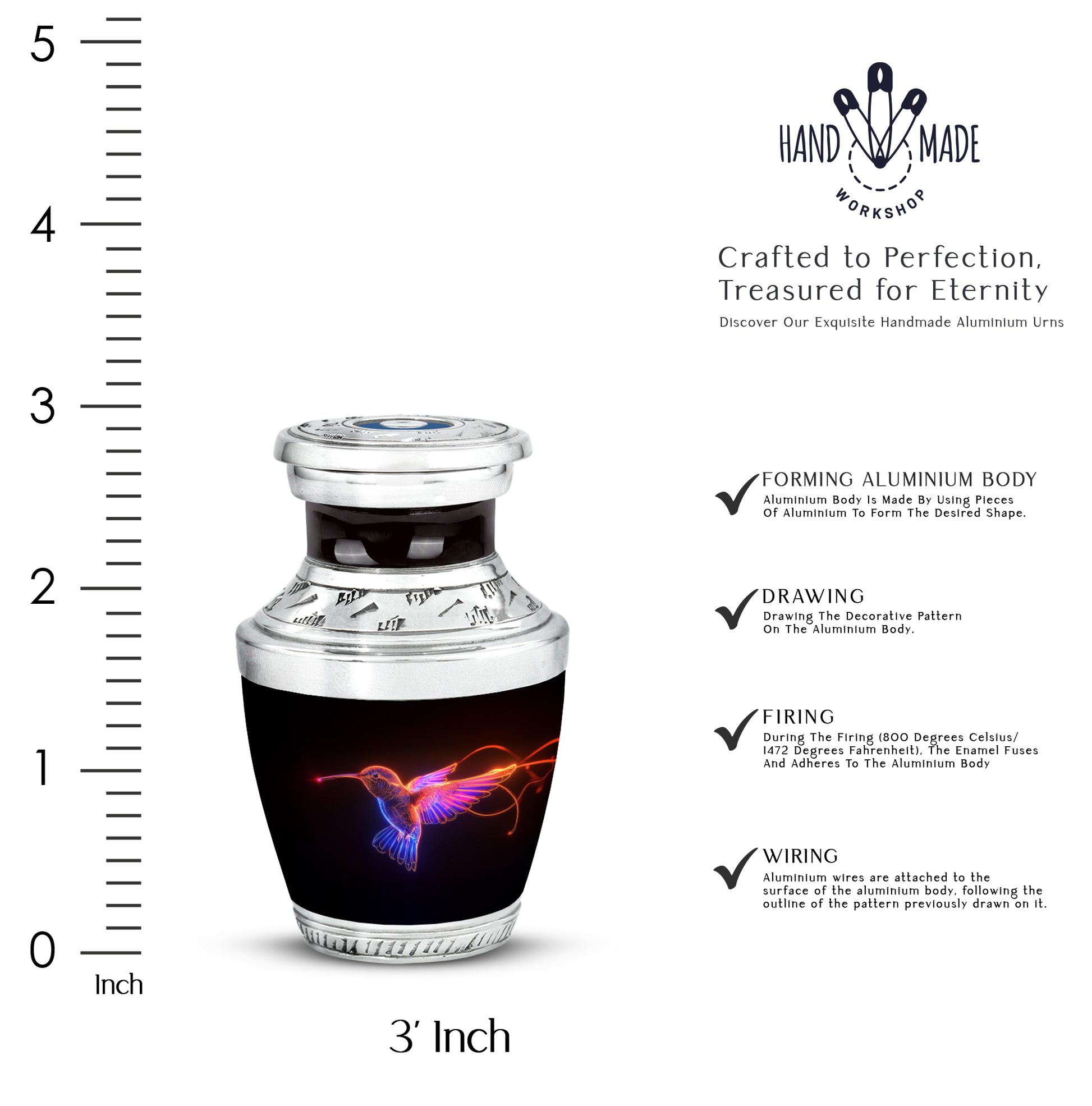 Midnight Black Hummingbird Cremation Urn top-down view of secure threaded lid - stylized abstract hummingbird pattern with bold lines - mini keepsake memorial for portion of cremation ashes