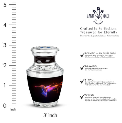 Midnight Black Hummingbird Cremation Urn top-down view of secure threaded lid - stylized abstract hummingbird pattern with bold lines - mini keepsake memorial for portion of cremation ashes