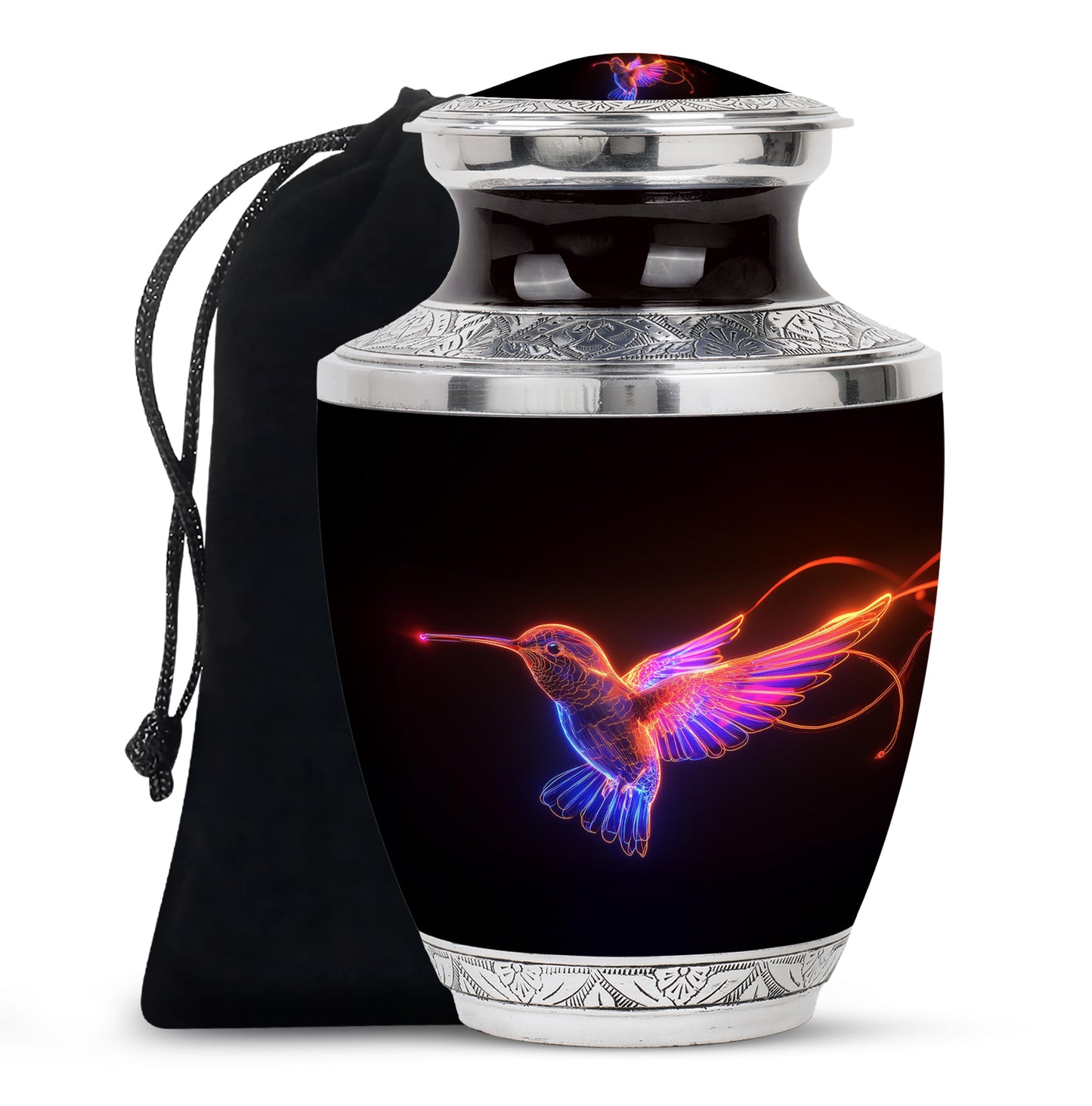 Midnight Black Hummingbird Cremation Urn side profile showing urn shape - stylized abstract hummingbird pattern with bold lines - full-size 10 inch 200 cubic inch adult cremation urn