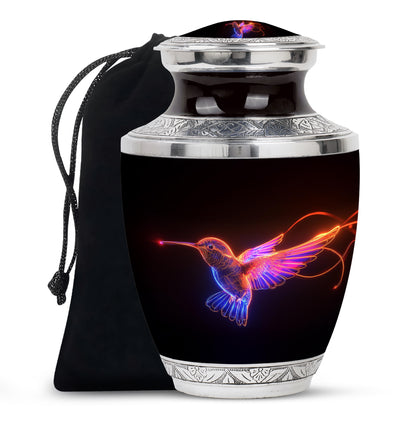 Midnight Black Hummingbird Cremation Urn side profile showing urn shape - stylized abstract hummingbird pattern with bold lines - full-size 10 inch 200 cubic inch adult cremation urn